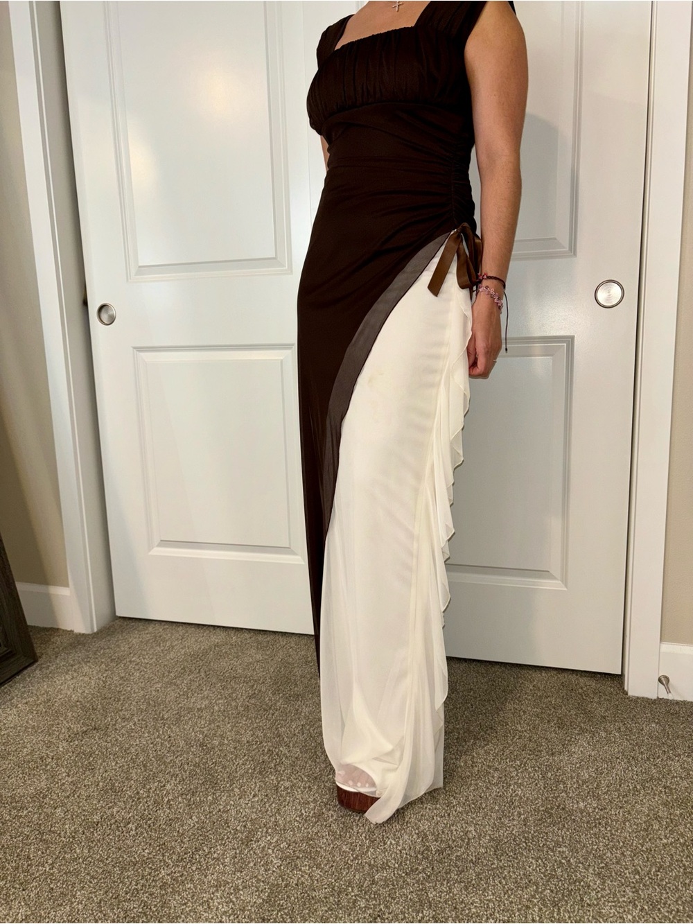 Ruffle Brown and Cream Evening Gown
